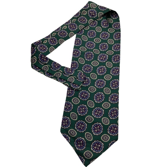 BERRY LOGAN Green/Blue Medallion Silk LUXURY Ascot Cravat HANDMADE ITALY - Picture 1 of 4